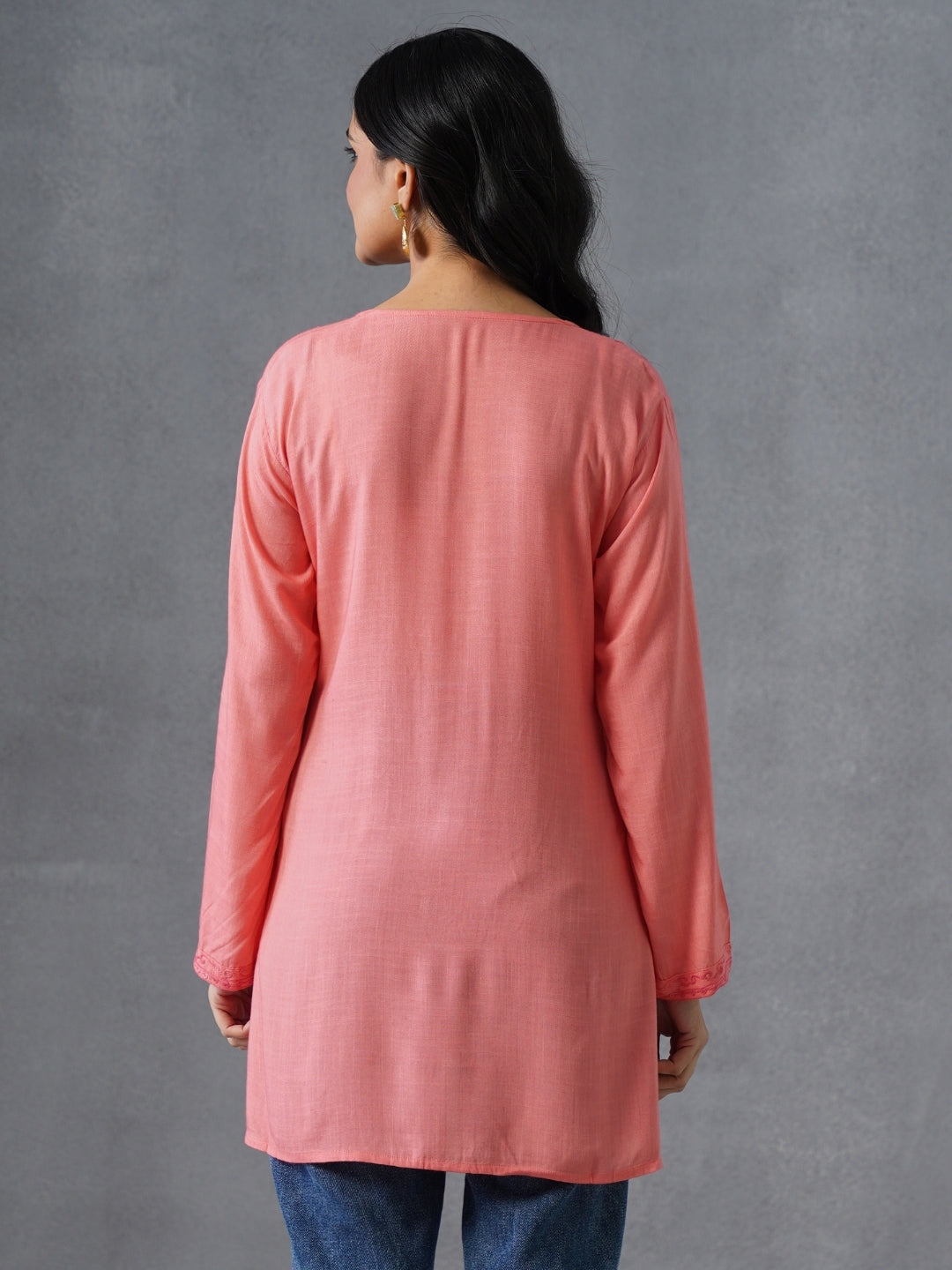 Women’s Pink Kashmiri Aari Embroidered Floral Short Kurti – Casual &amp; Office Wear