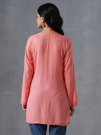 Women’s Pink Kashmiri Aari Embroidered Floral Short Kurti – Casual &amp; Office Wear