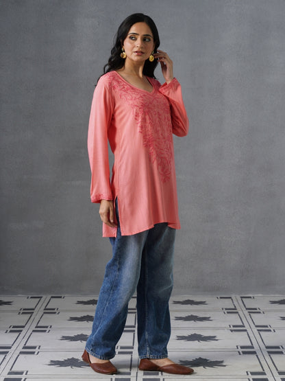 Women’s Pink Kashmiri Aari Embroidered Floral Short Kurti – Casual &amp; Office Wear
