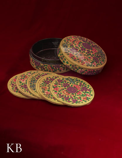 Kashmiri Papier Mâché Round Coaster Set – Hand-Painted Yellow Floral (Set of 6) | Artisan-Made | Handcrafted Heritage - Kashmir Box