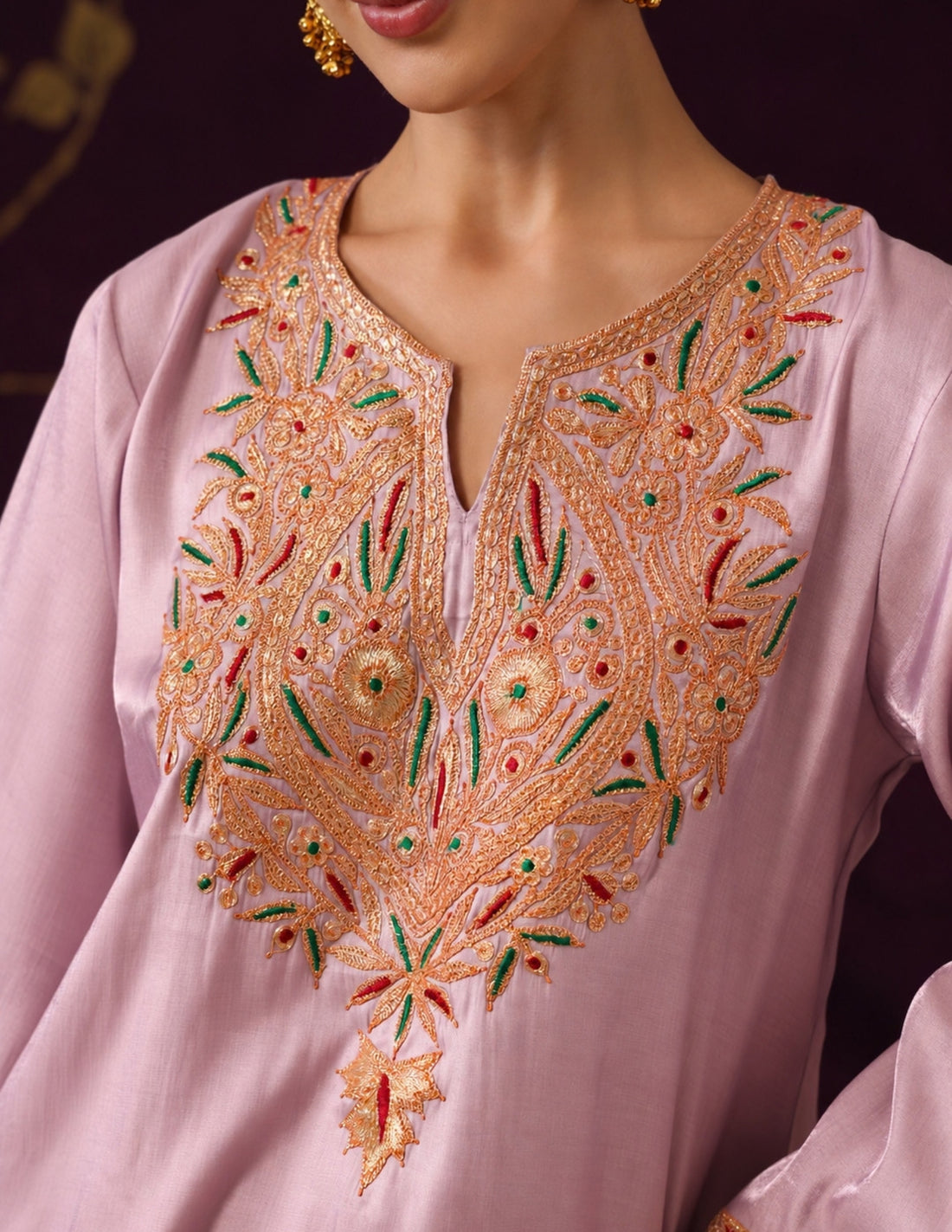 Kashmiri Tilla &amp; Thread Embroidered Silk Co-ord Set – Dusty Lavender