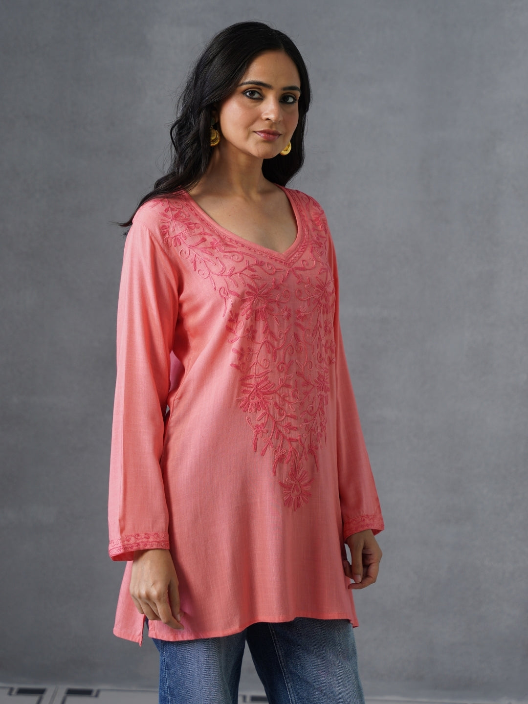 Women’s Pink Kashmiri Aari Embroidered Floral Short Kurti – Casual &amp; Office Wear