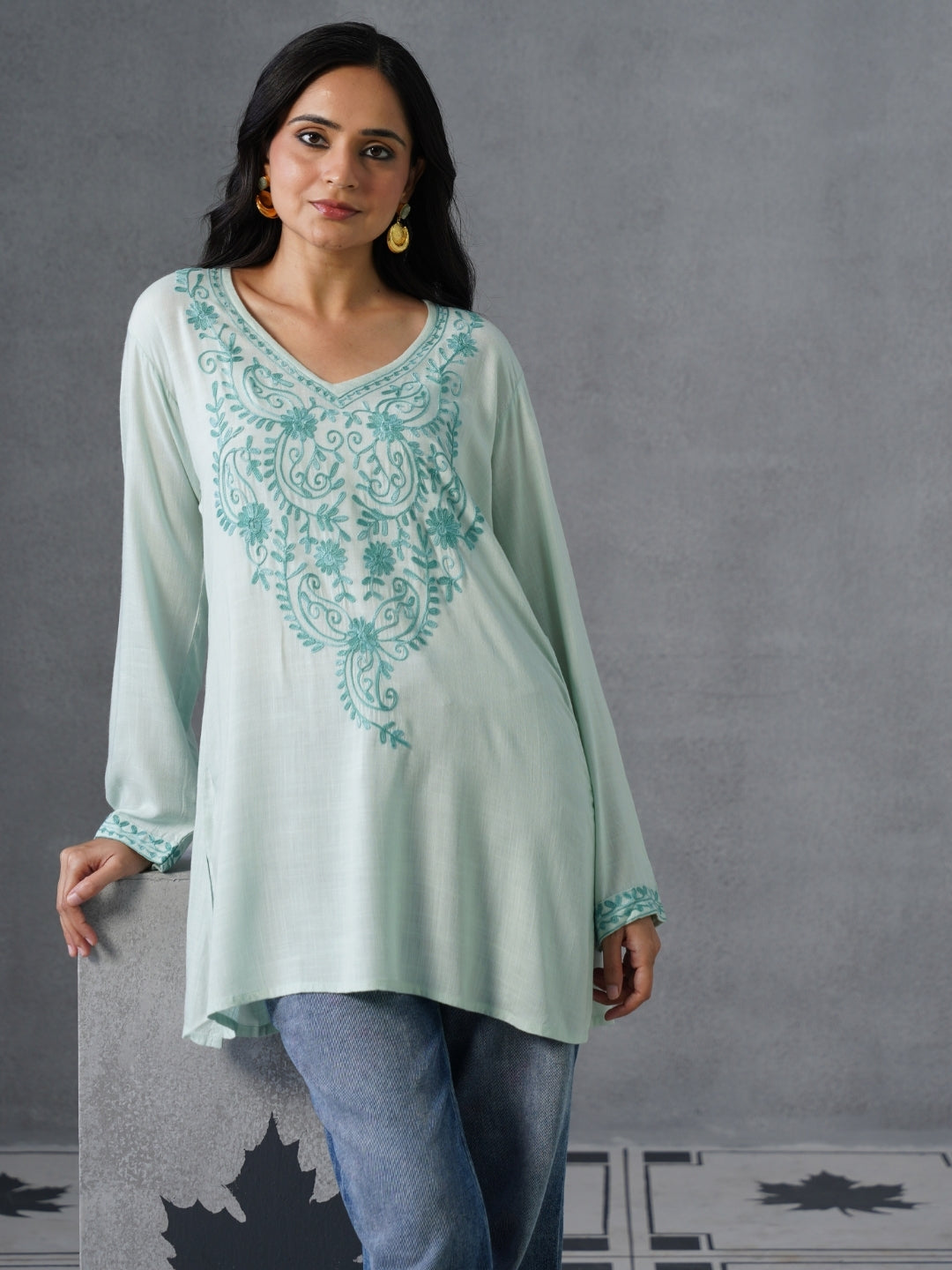 Women’s Light Blue Kashmiri Aari Embroidered Floral Short Kurti – Casual &amp;amp; Office Wear