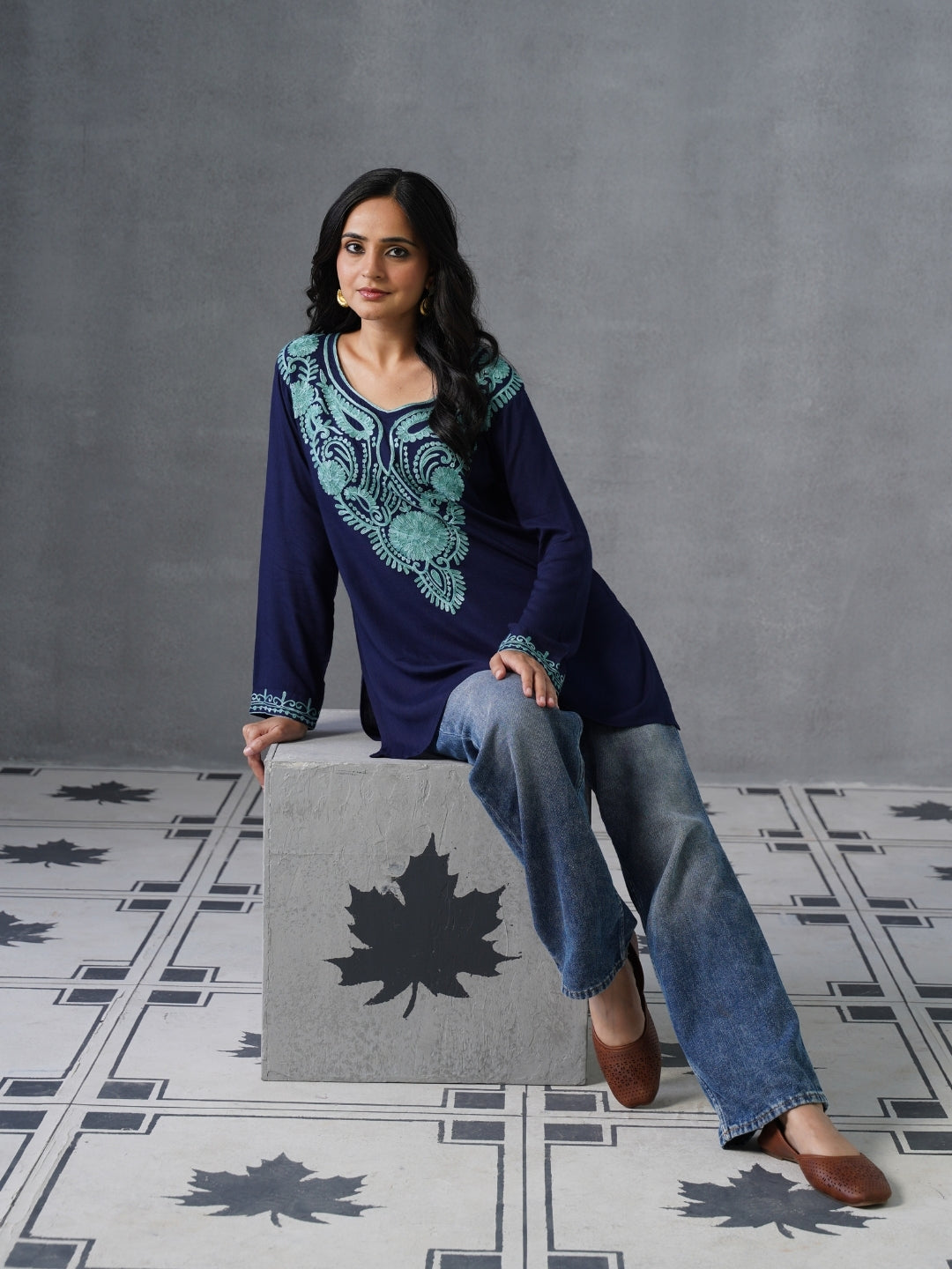 Women’s Navy Blue Kashmiri Aari Embroidered Short Kurti – Casual &amp; Office Wear