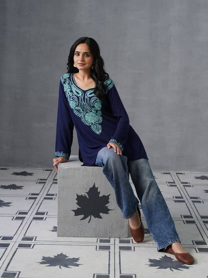 Women’s Navy Blue Kashmiri Aari Embroidered Short Kurti – Casual &amp; Office Wear