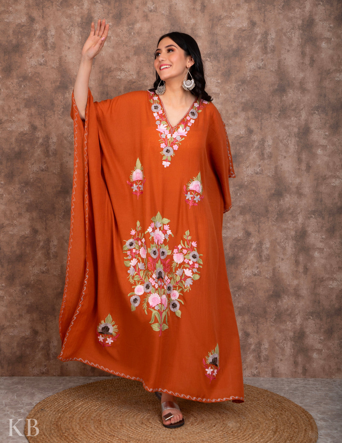 Rust Orange Aari Embroidered Summer Cotton Kaftan - Kashmir Box