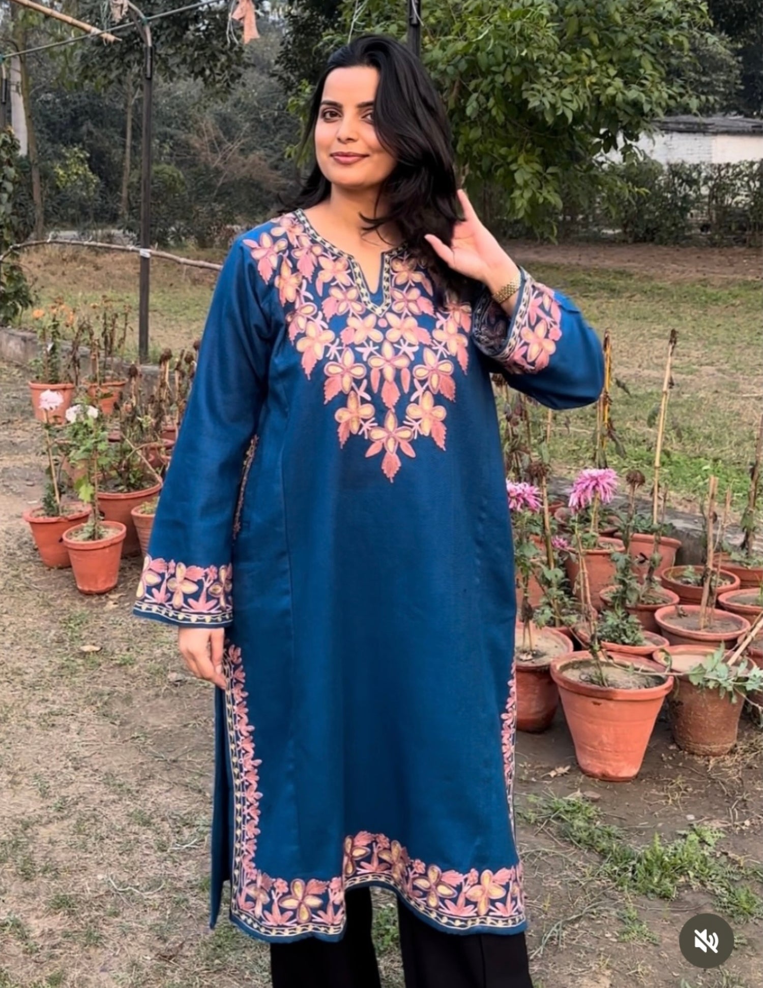Kashmiri Aari &amp; Zari Embroidered Woollen Phiran – Teal Blue | Handcrafted Heritage