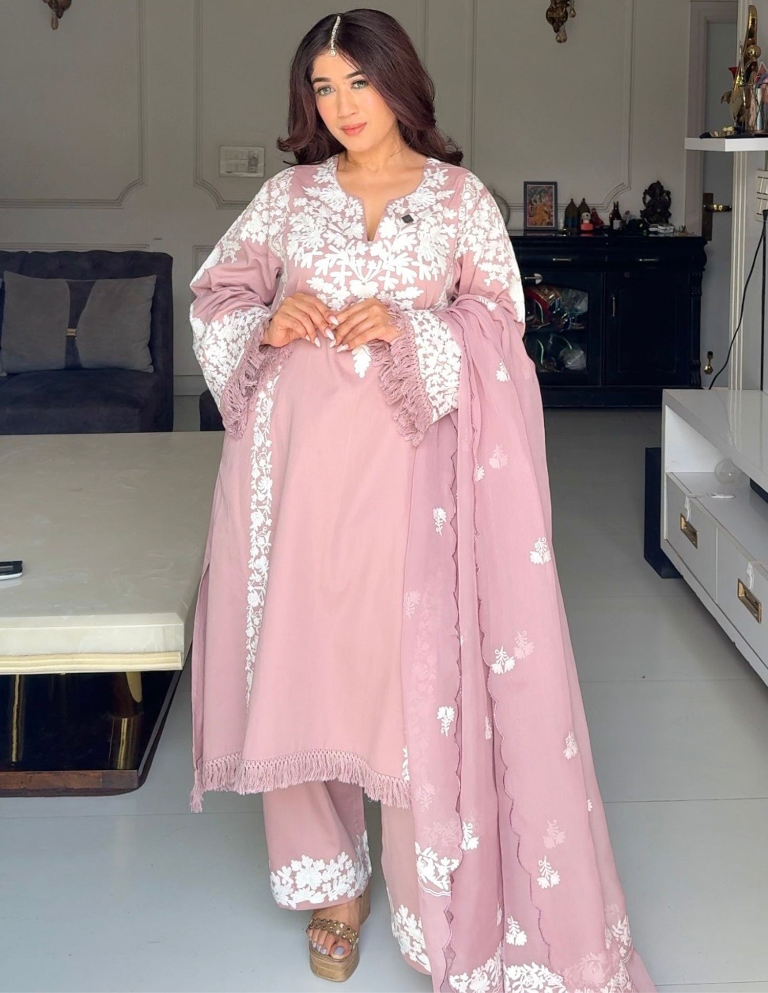 Mauve Cotton Satin Suit Set with Fine Aari Embroidery &amp; Organza Dupatta — Bulbul Collection | Kashmiri Summer Festive Wear - Kashmir Box