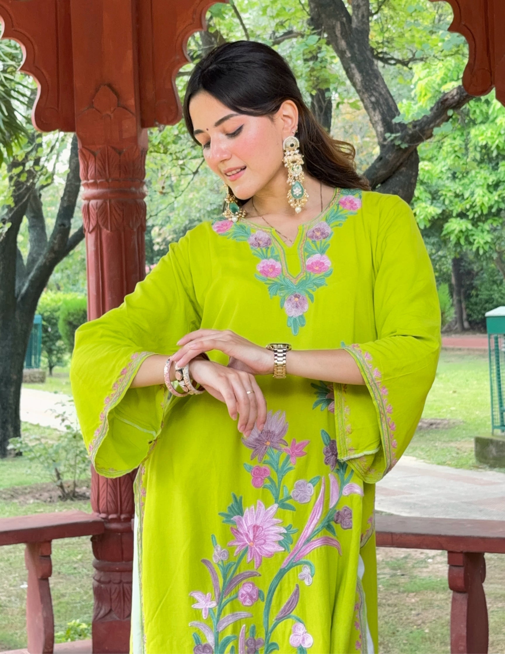 Parrot Green Rayon Kurti – Pink &amp; Green Aari Embroidery | Vibrant Casual Ethnic Wear