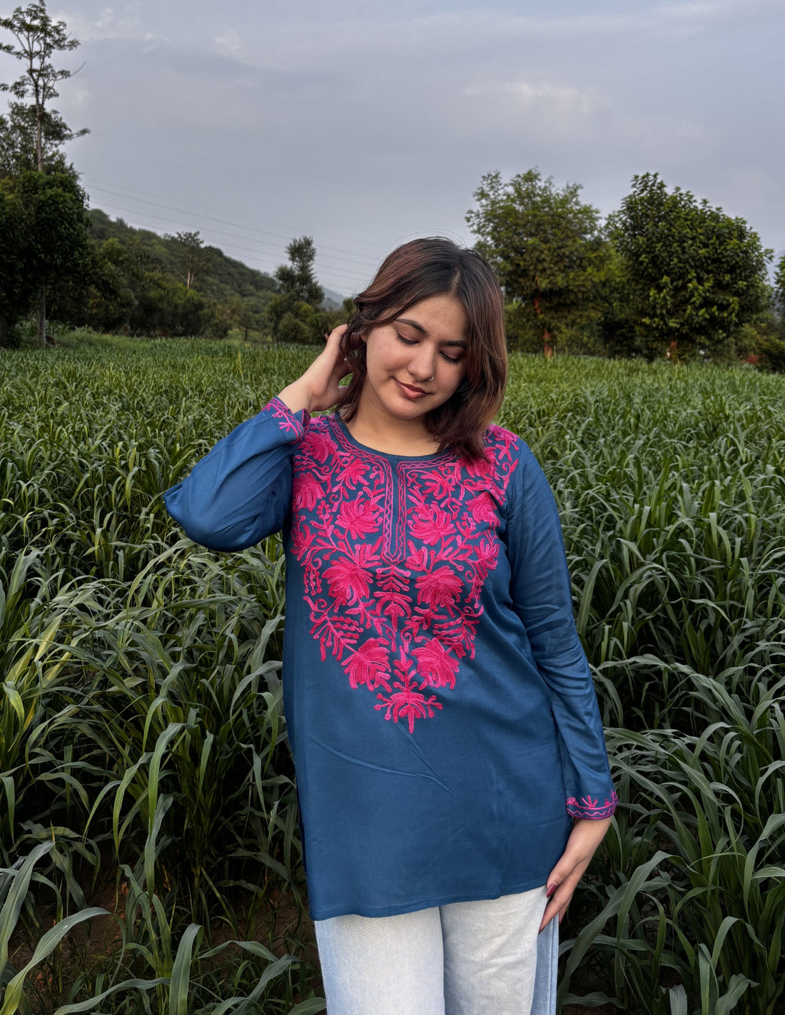 Classic Blue Aari Embroidered Viscose Rayon Kurta