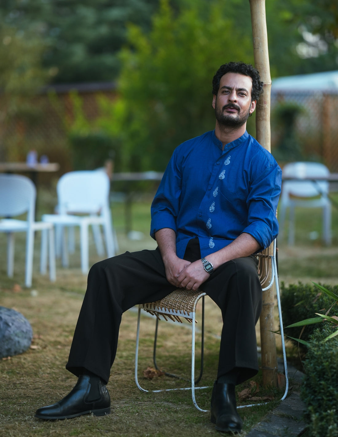 Yawar Abdal × Kashmir Box Sozni Almond Motif Linen Cotton Shirt – Blue | Handmade Heritage - Kashmir Box