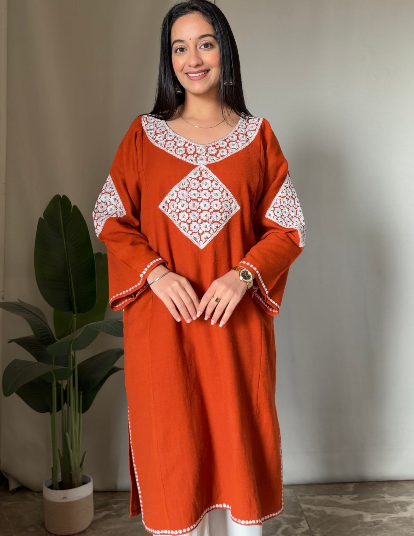 Kashmiri Silver Boti Tilla Embroidered Pure Woollen Phiran – Rust Orange | Handcrafted Heritage