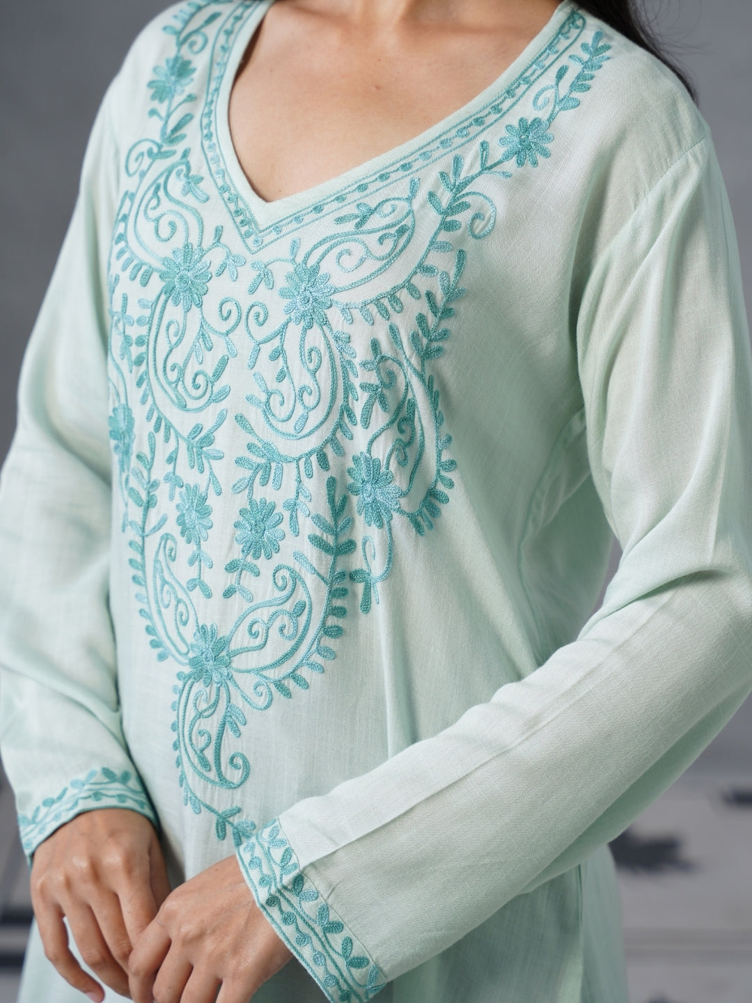 Women’s Light Blue Kashmiri Aari Embroidered Floral Short Kurti – Casual &amp;amp; Office Wear