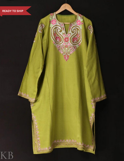 Light Green Aari Zari Embroidered Cashmilon Phiran - Kashmir Box