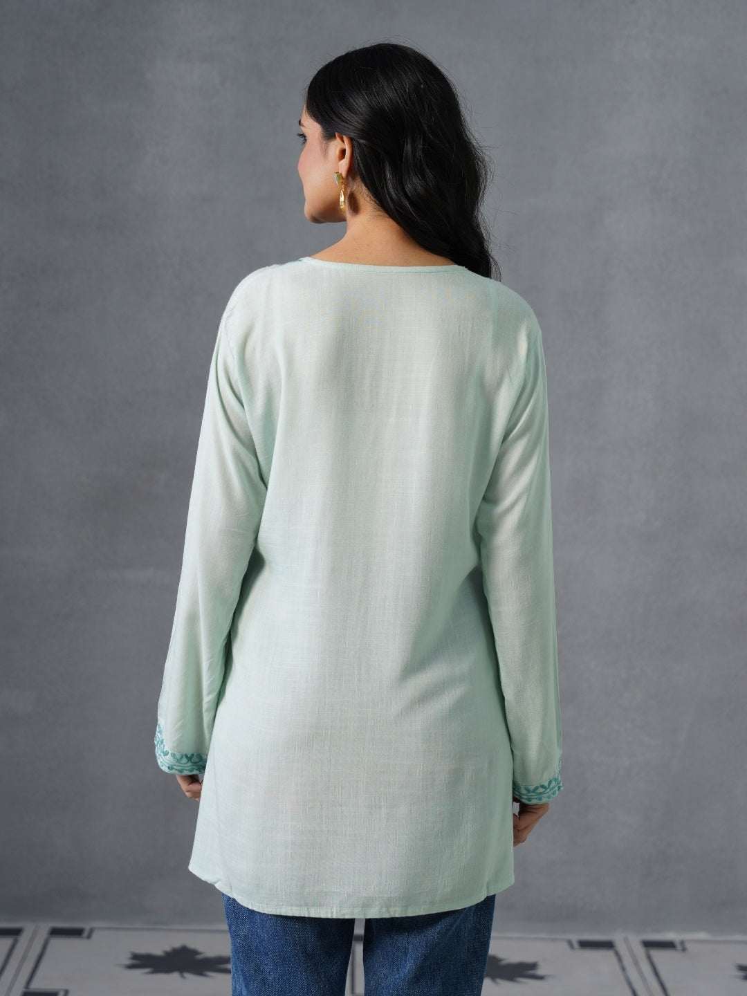 Women’s Light Blue Kashmiri Aari Embroidered Floral Short Kurti – Casual &amp;amp; Office Wear