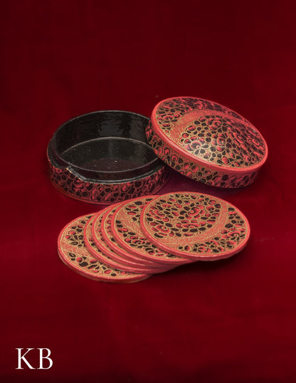 Kashmiri Papier Mâché Round Coaster Set – Hand-Painted Red Floral (Set of 6) | Artisan-Made | Handcrafted Heritage - Kashmir Box