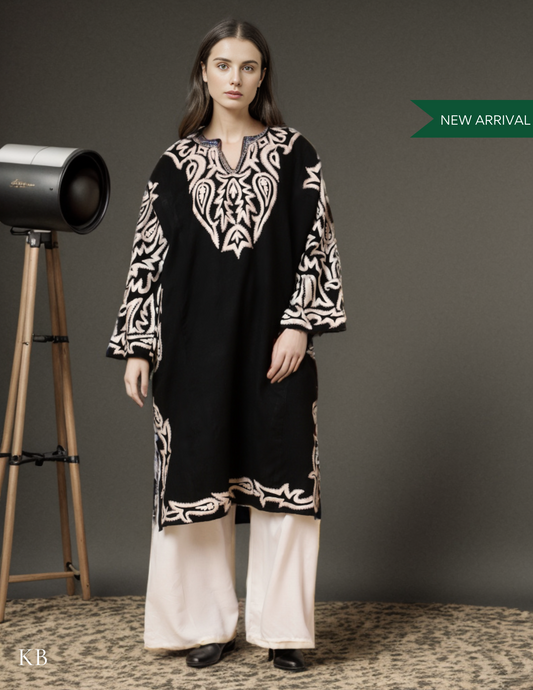 Black Onyx Aari Embroidered Pure Wool Phiran - Kashmir Box