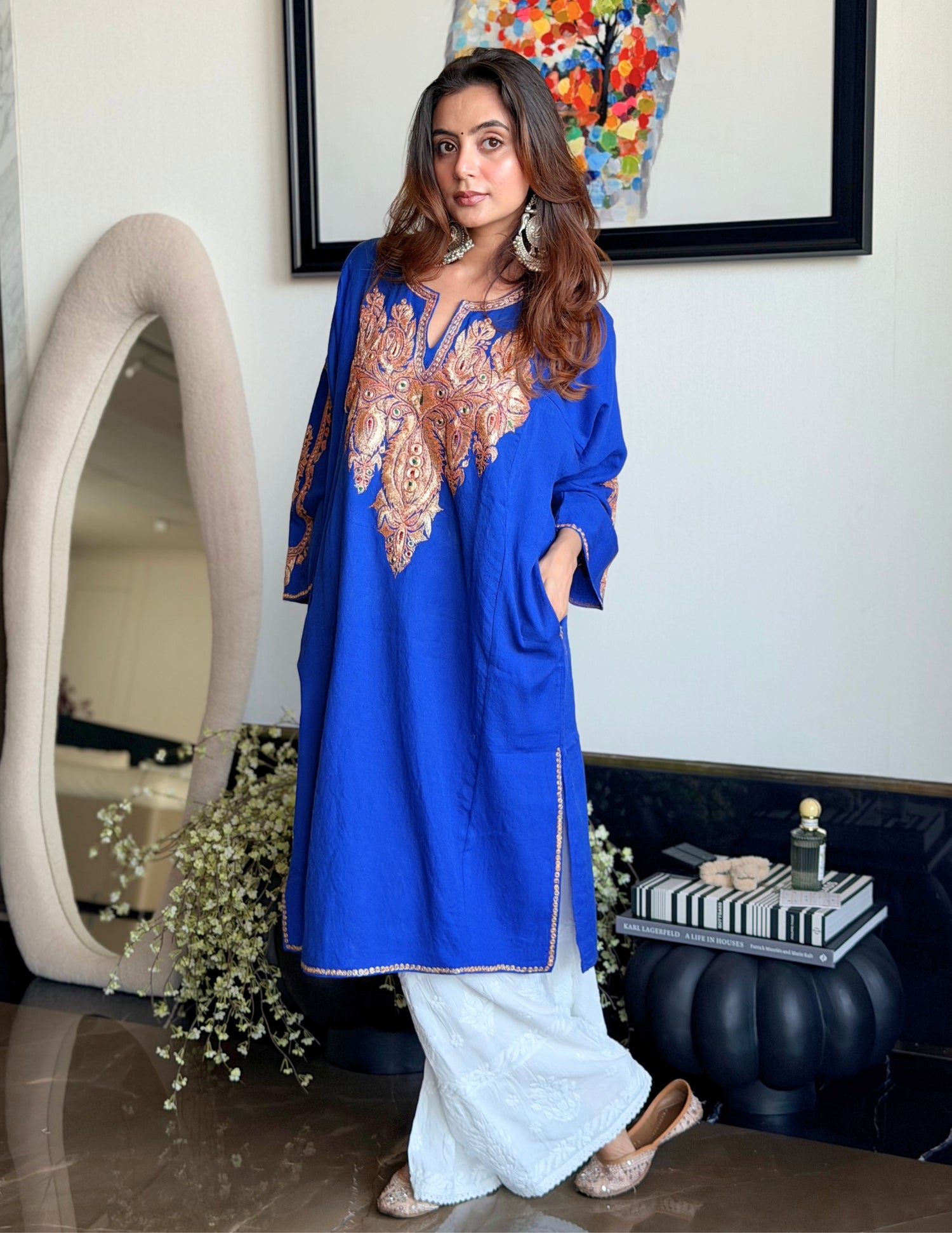 Kashmiri Golden Boti Tilla Embroidered Pure Woollen Phiran – Royal Blue | Handcrafted Heritage