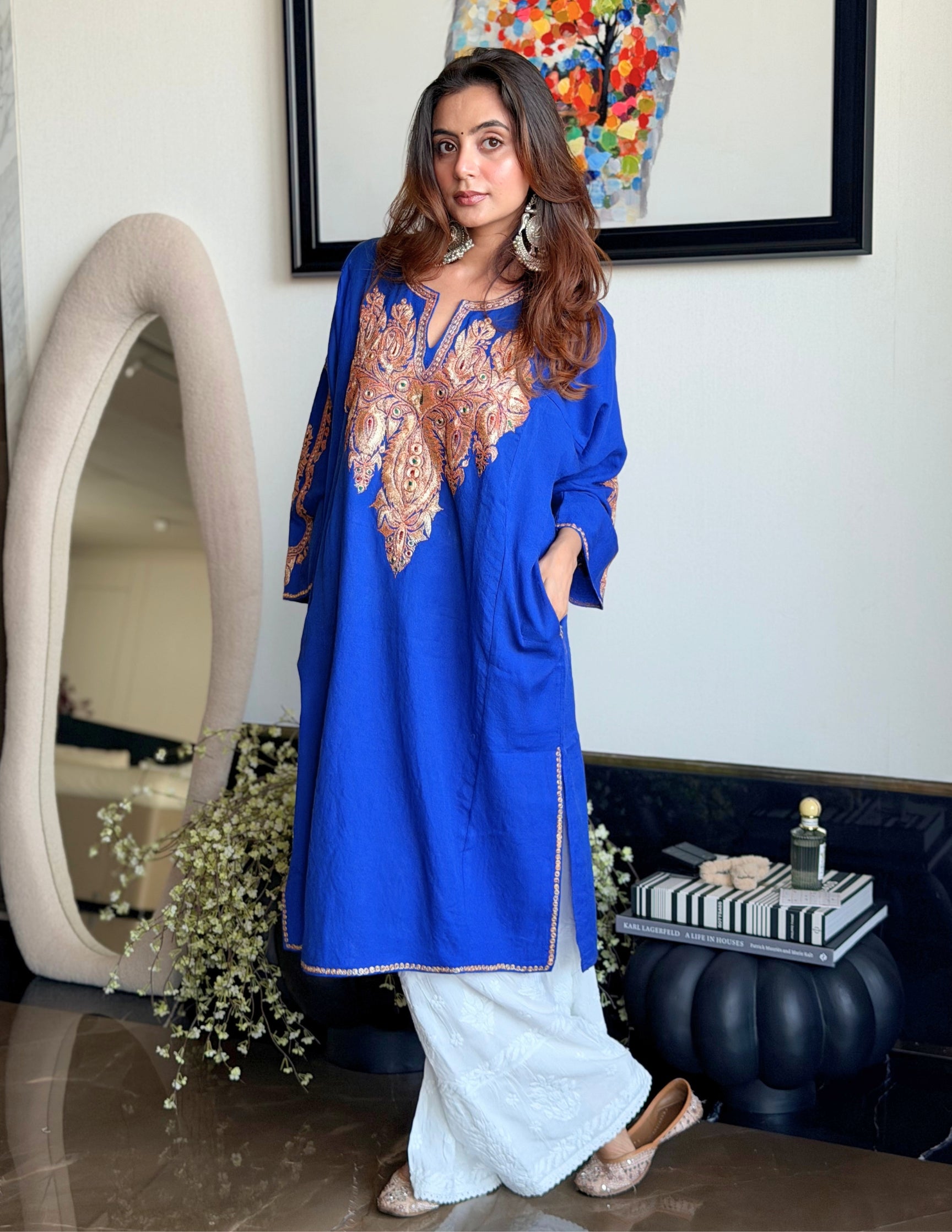 Kashmiri Golden Boti Tilla Embroidered Pure Woollen Phiran – Royal Blue | Handcrafted Heritage
