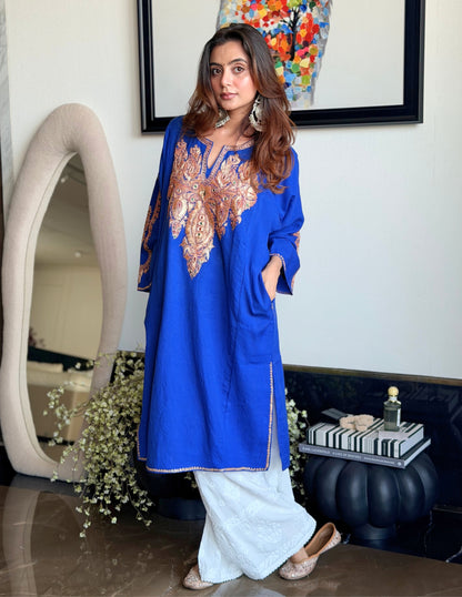 Kashmiri Golden Boti Tilla Embroidered Pure Woollen Phiran – Royal Blue | Handcrafted Heritage