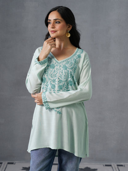 Women’s Light Blue Kashmiri Aari Embroidered Floral Short Kurti – Casual &amp;amp; Office Wear