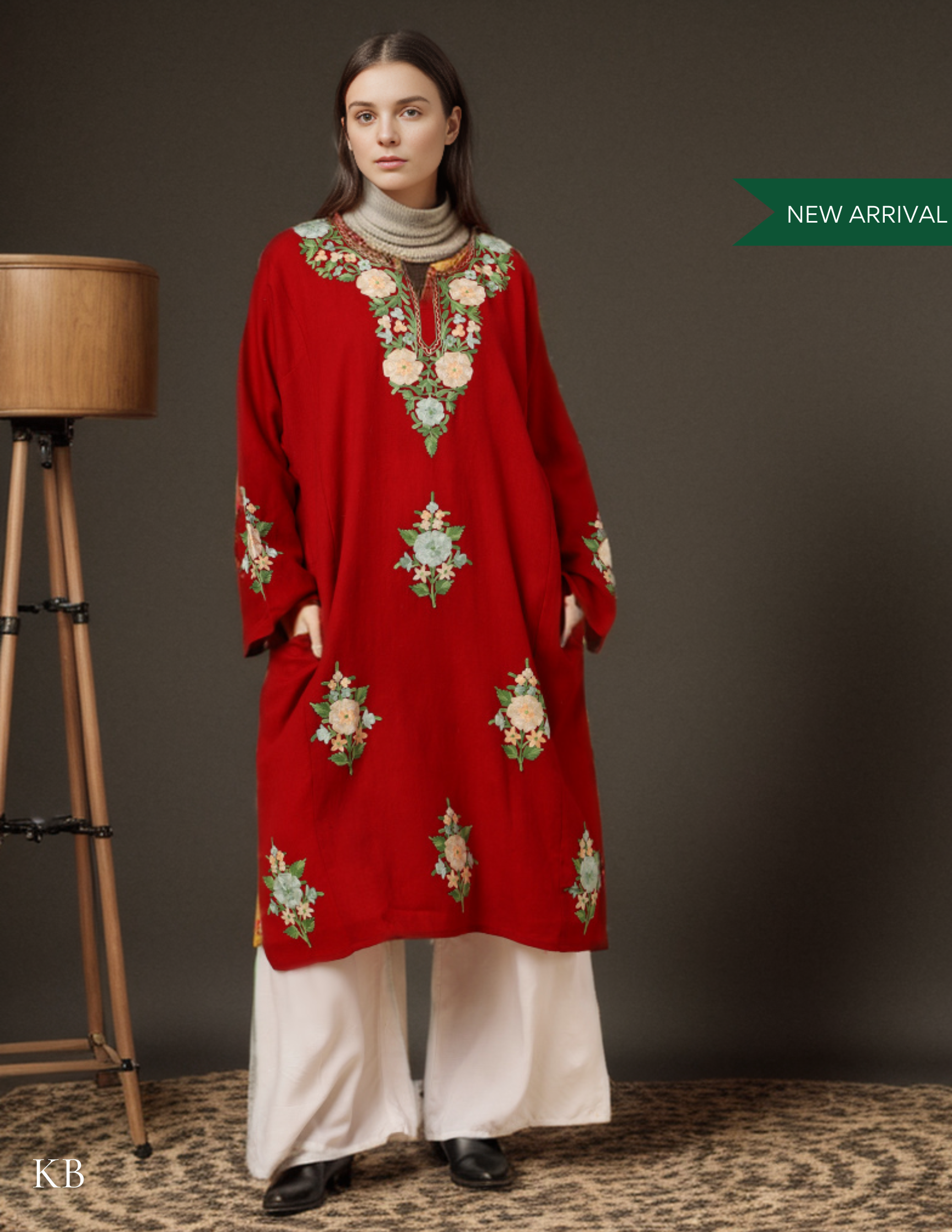Crimson Pure Wool Aari Embroidered Phiran - Kashmir Box