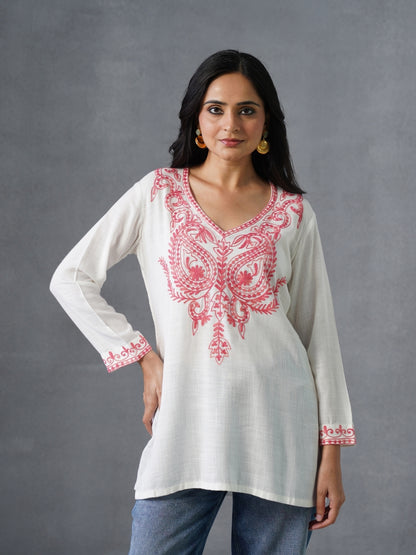 Women’s White Kashmiri Aari Embroidered Red Floral Short Kurti – Casual &amp; Office Wear
