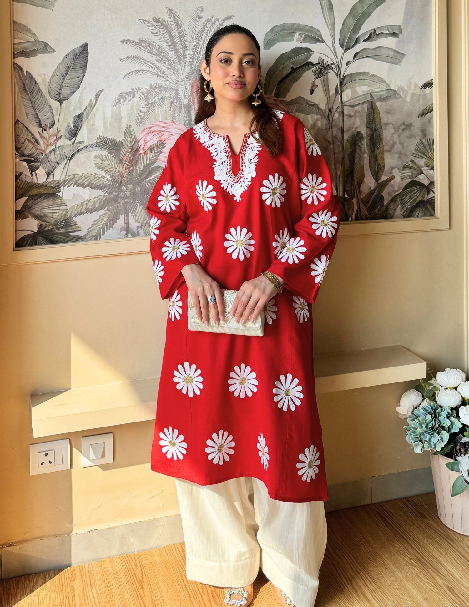 Kashmiri White Aari &amp; Silver Zari Embroidered Woollen Phiran – Maroon | Timeless Winter Wear