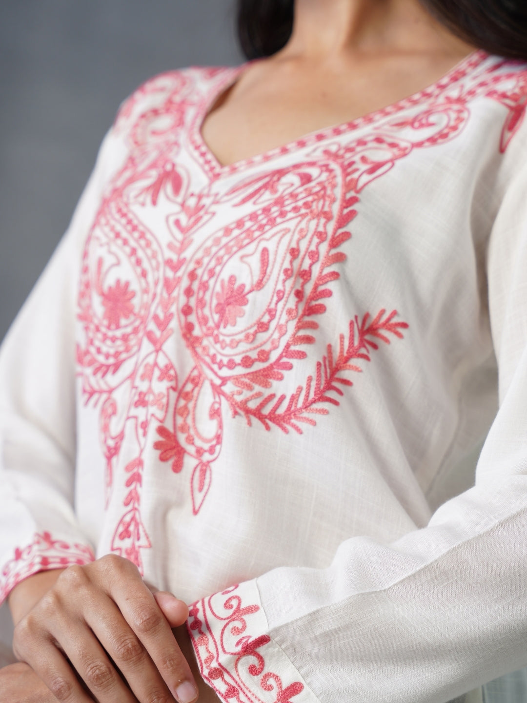 Women’s White Kashmiri Aari Embroidered Red Floral Short Kurti – Casual &amp; Office Wear