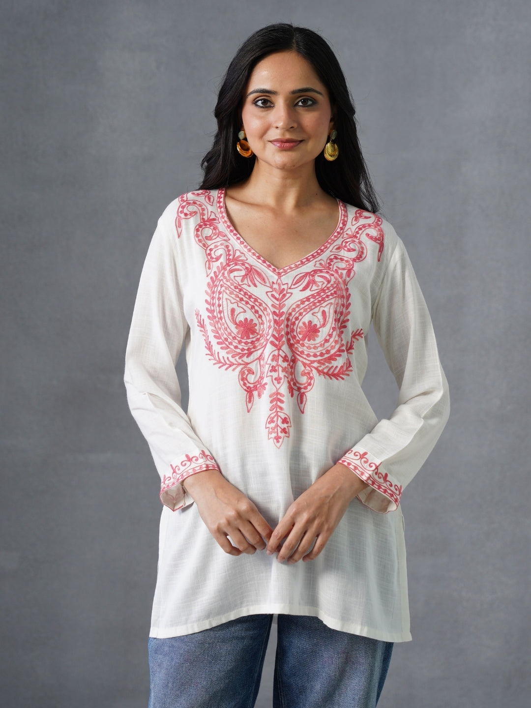 Women’s White Kashmiri Aari Embroidered Red Floral Short Kurti – Casual &amp; Office Wear