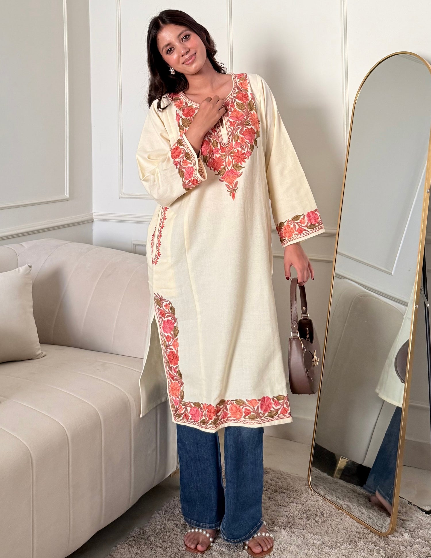 Kashmiri Pink &amp; Golden Aari Embroidered Woollen Phiran – Eggshell White | Timeless Winter Wear
