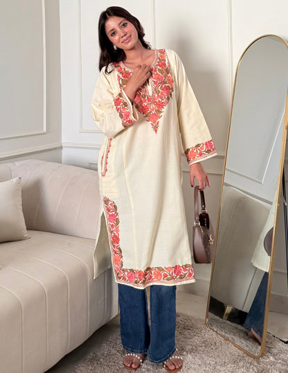Kashmiri Pink &amp; Golden Aari Embroidered Woollen Phiran – Eggshell White | Timeless Winter Wear