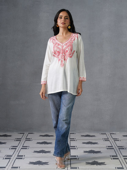 Women’s White Kashmiri Aari Embroidered Red Floral Short Kurti – Casual &amp; Office Wear