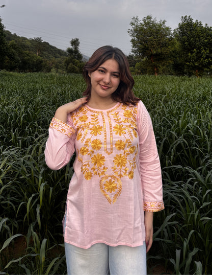 Baby Pink Kashmiri Aari Embroidered Rayon Kurta