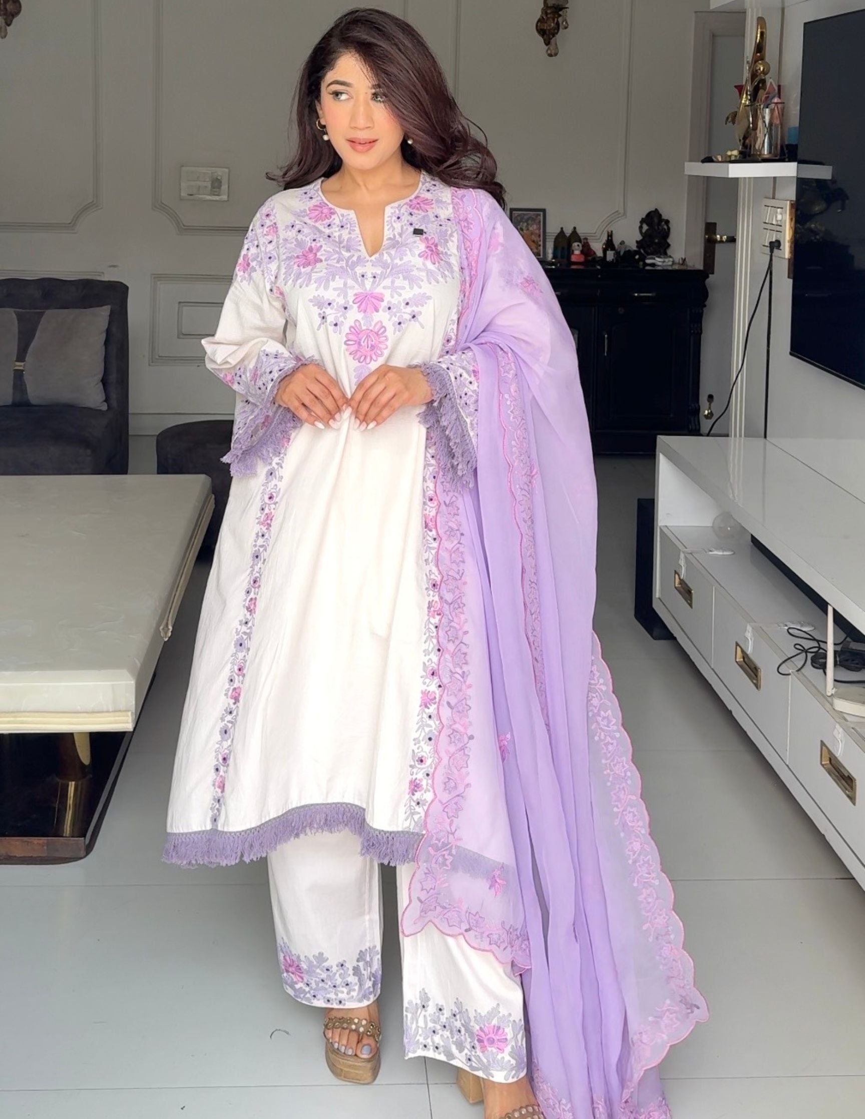 Baby Pink Cotton Satin Suit Set with Fine Aari Embroidery &amp; Violet Organza Dupatta — Bulbul Collection | Kashmiri Summer Festive Wear - Kashmir Box