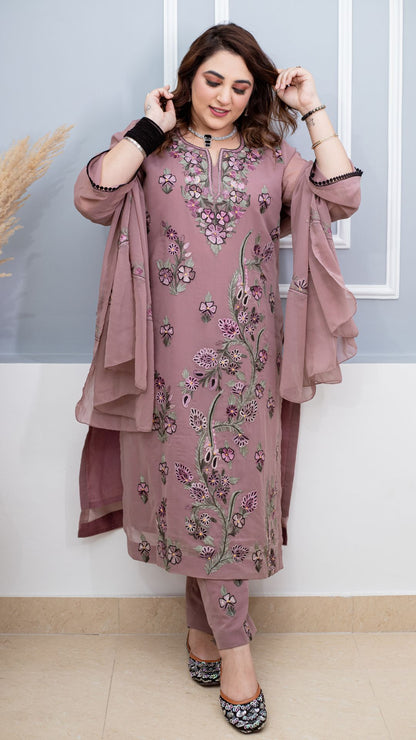 Rosy Brown Embroidered Three-piece Georgette  Suit - Kashmir Box