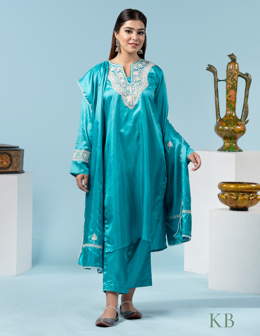 Khushi Tilla Embroidered Sky Blue Silk Suit with 2.5 Meters Dupatta - Kashmir Box