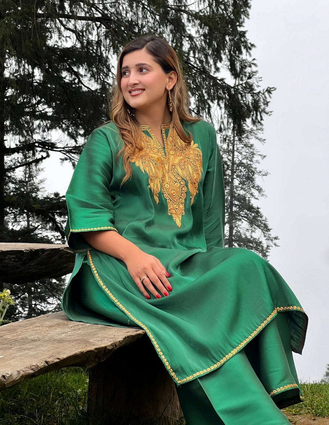 Kashmiri Tilla Embroidered Silk Co-ord Set – Bottle Green