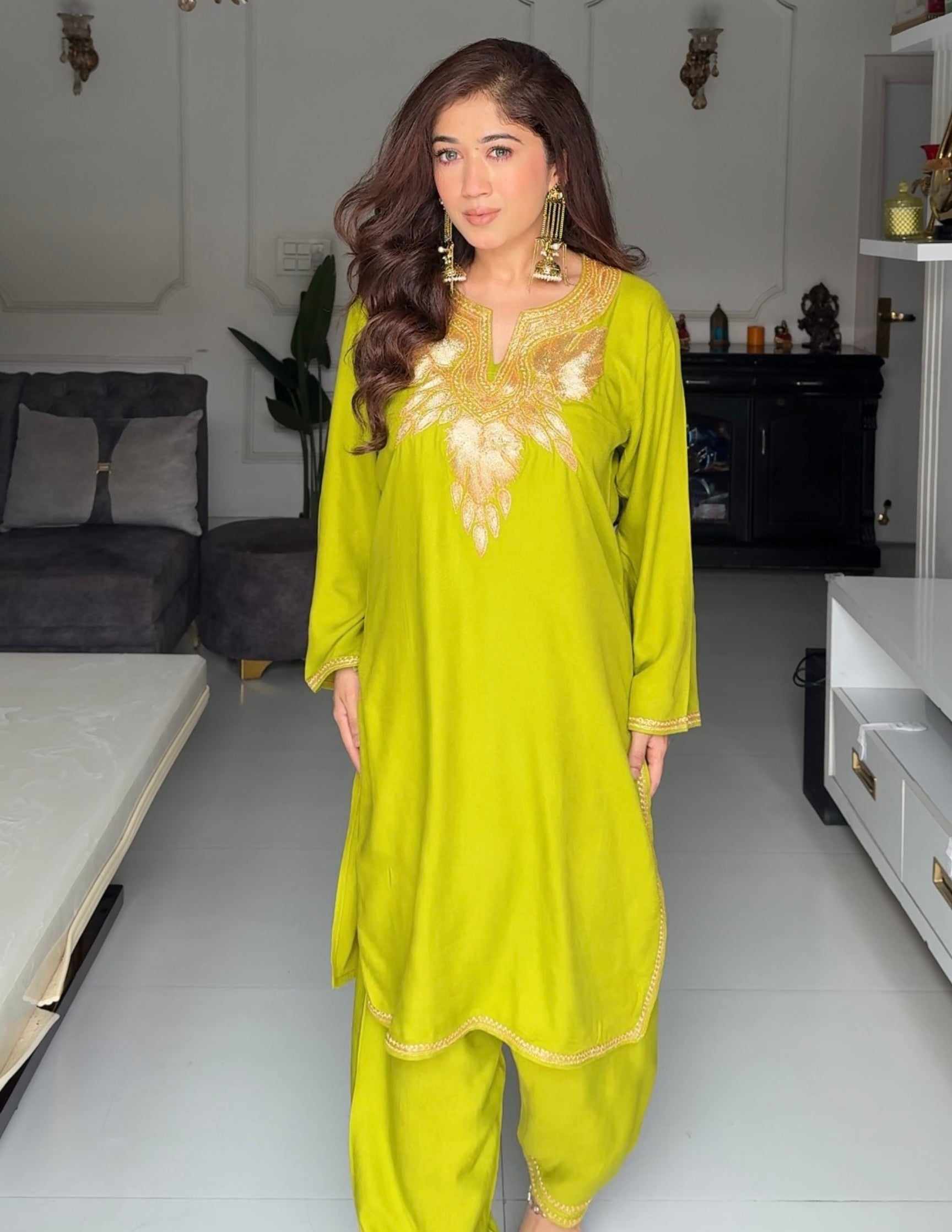 Kashmiri Golden Boti Tilla Embroidered Woollen Coordset – Lime Green | Handcrafted Heritage