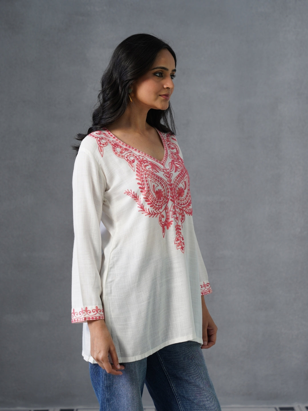 Women’s White Kashmiri Aari Embroidered Red Floral Short Kurti – Casual &amp; Office Wear