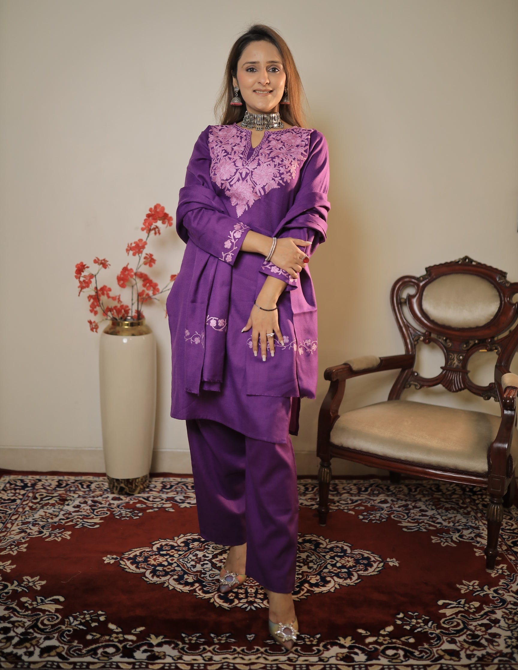 meHER Royal Purple Kashmiri Aari Woollen Co-ord Set