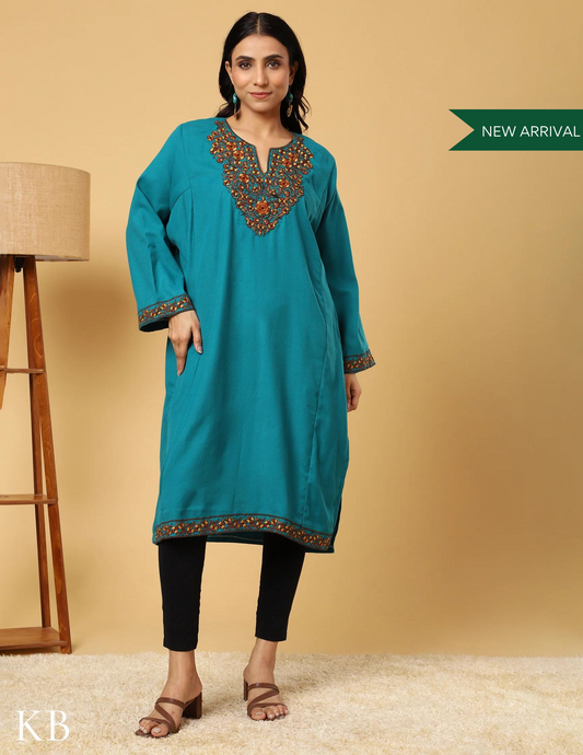 Turquoise Tranquility Sozni Embroidered Acrylic Wool Phiran - Kashmir Box