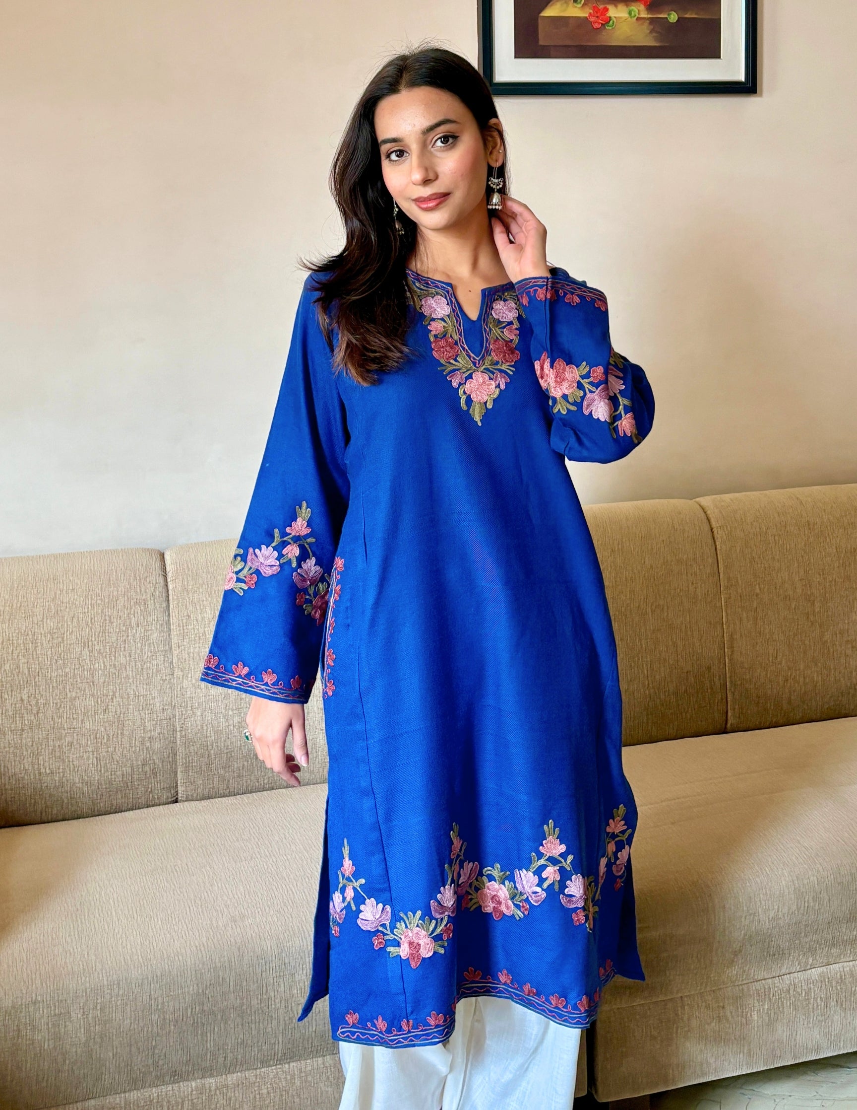 Kashmiri Purple &amp; Green Aari Embroidered Woollen Phiran – Blue | Timeless Winter Wear