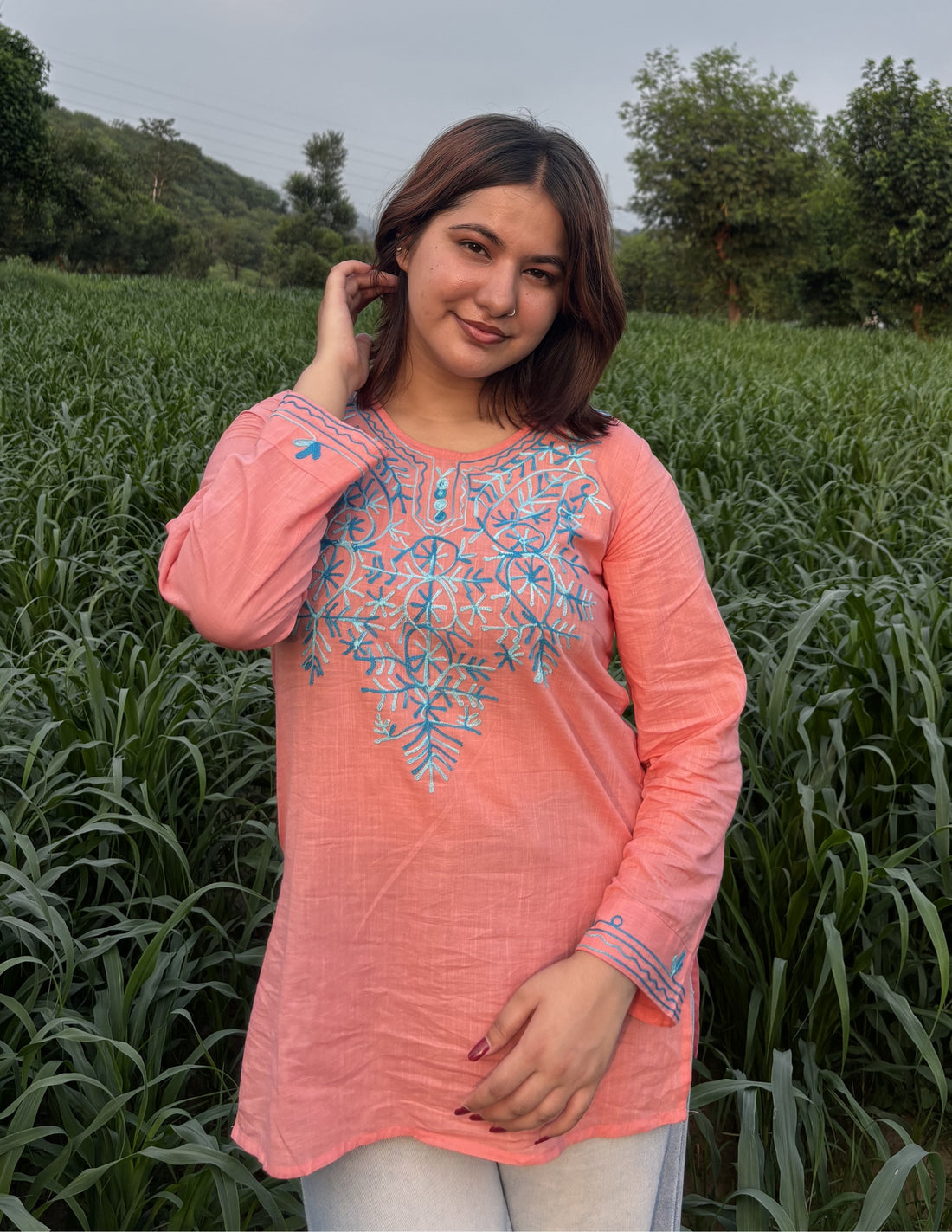 Peach Kashmiri Aari Embroidered Rayon Kurta