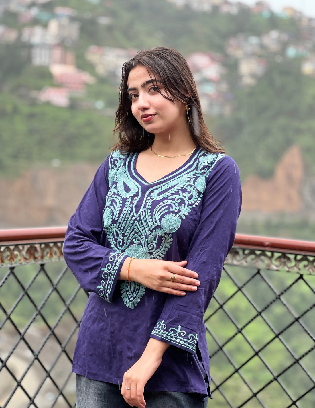 Women’s Navy Blue Kashmiri Aari Embroidered Short Kurti – Casual &amp; Office Wear