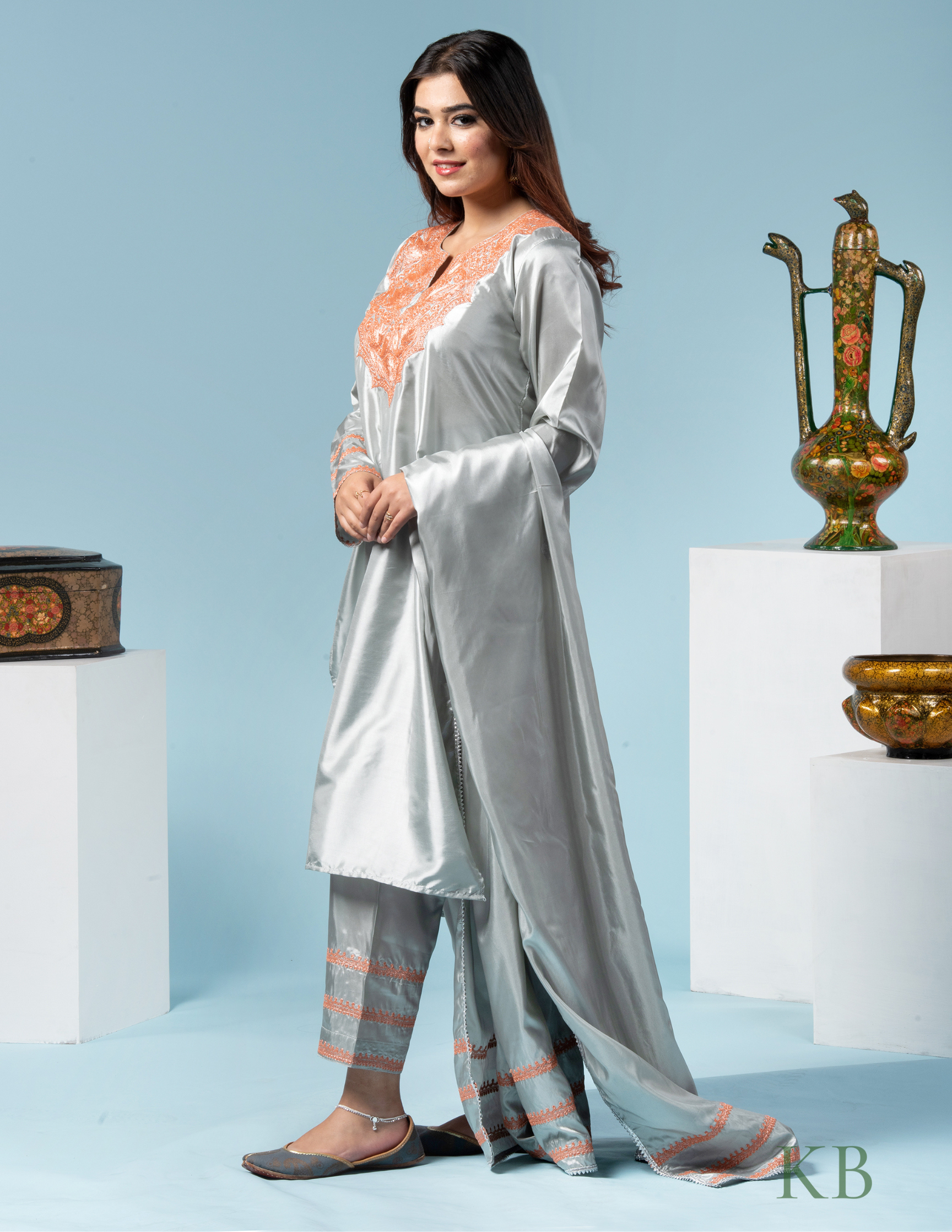 Zaaem Tilla Embroidered Grey Silk Suit with 2.5 Meters Dupatta - Kashmir Box