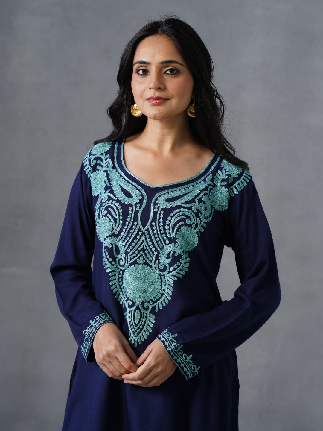 Women’s Navy Blue Kashmiri Aari Embroidered Short Kurti – Casual &amp; Office Wear