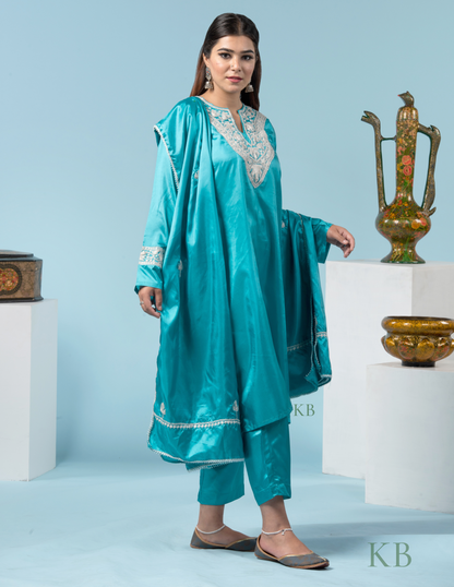 Khushi Tilla Embroidered Sky Blue Silk Suit with 2.5 Meters Dupatta - Kashmir Box