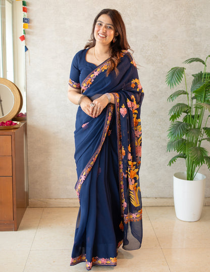 Kashmiri Aari Embroidered Georgette Saree – Navy Blue