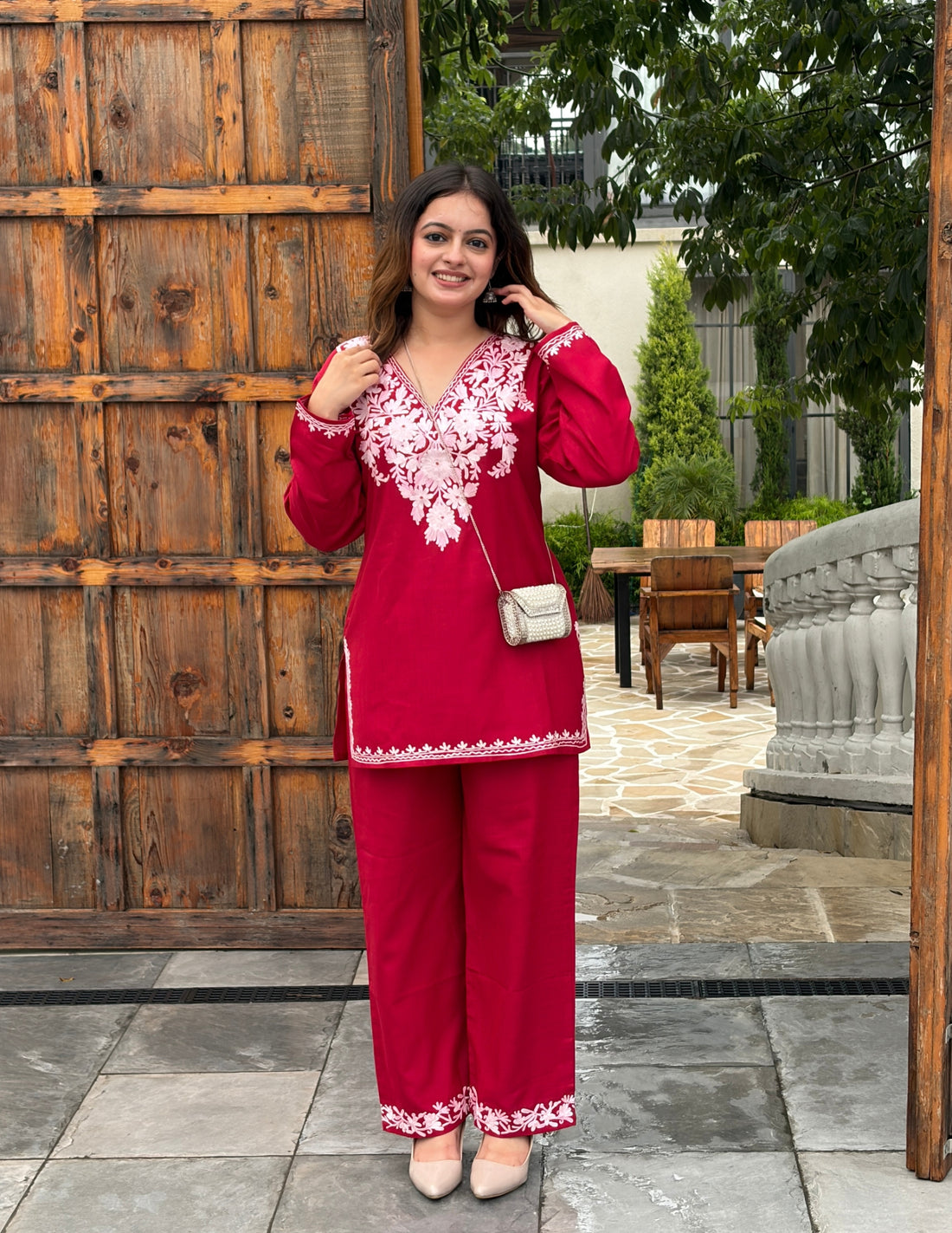 Blush Maroon Embroidered Coord Set For Women - Cotton Aari Work